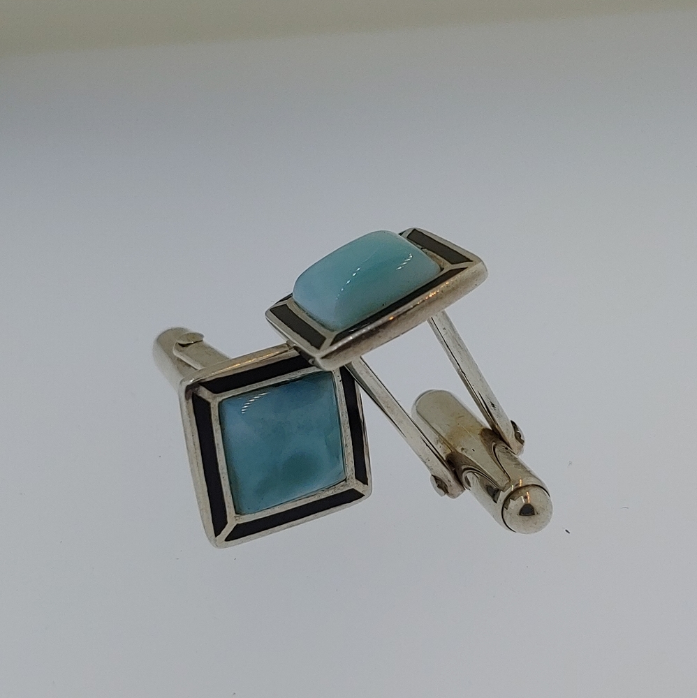Sterling Silver Larimar and Onix Men Cuff Links